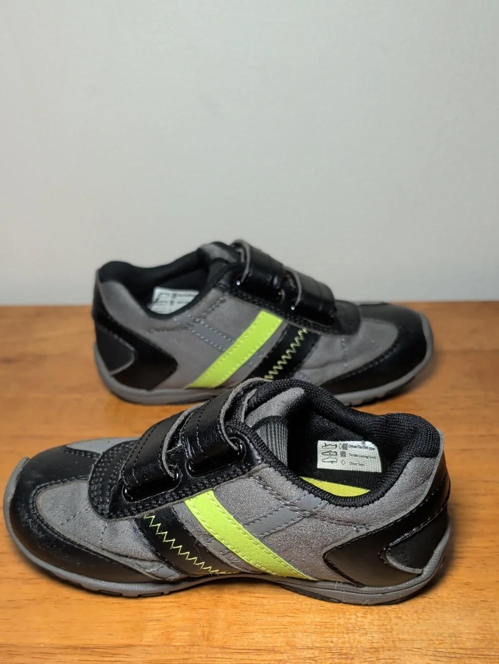 Pediped Gehrig Sneakers Black Gray Lime Green Hook & Loop Sporty Boys Size 9-9.5